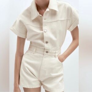 Zara Denim Romper in White Shimmer